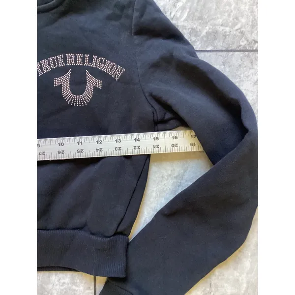 True Religion Womens Black Rhinestone Horseshoe Cropped Zip Up Hoodie XS - Image 5