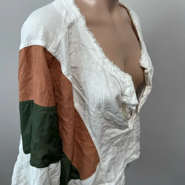 We The Free Beating Hearts Linen Long Sleeve Top Green Orange Rust Sleeve Stripe - Image 4