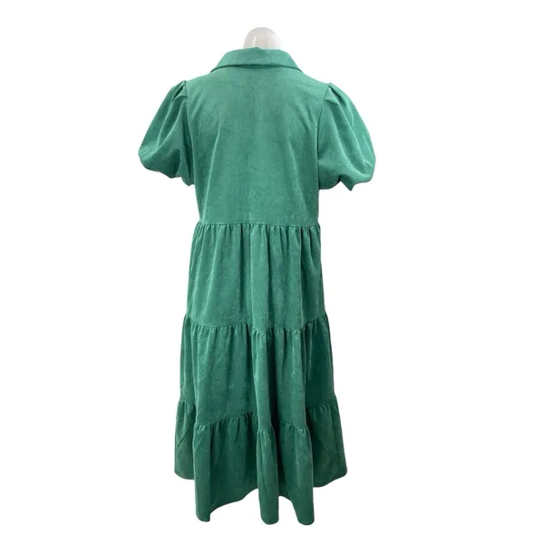 Crown & Ivy Women's Green Short Puff Sleeve Button Up Tiered Midi Dress Size M - Image 2