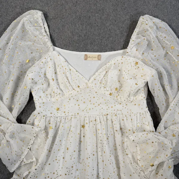Altard State White Gold Star Tiered Ruffle Mini Dress Size Medium Puff Sleeve - Image 3