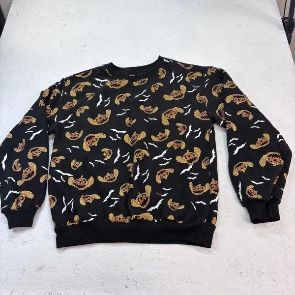 Disney Stitch Black Pumpkin Jack o lantern Bat Sweatshirt Halloween M(7-9) - Image 3