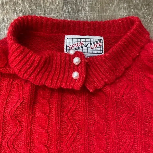 80s Vintage Red Angora Silk Sweater M Cable Knit Pearl Buttons Retro Twee Preppy - Image 10