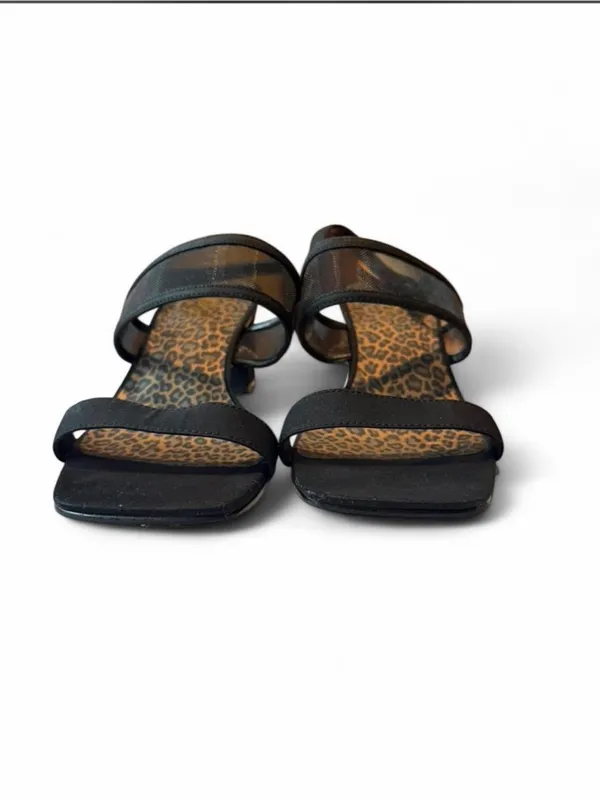 Prima Black Mesh Block Heel Sandals Leopard Print Footbed Size 7M Y2K - Image 3