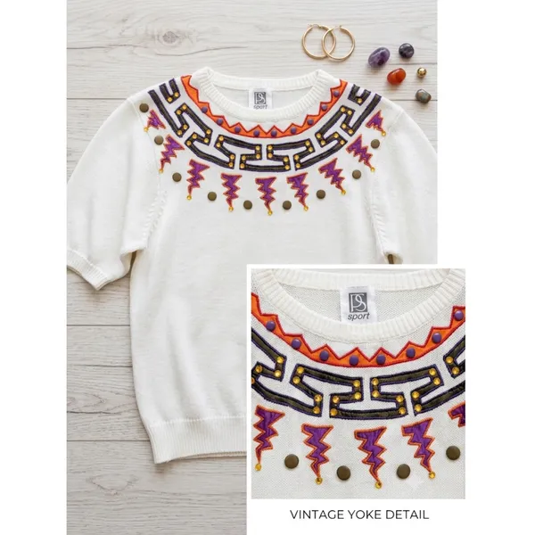 Vintage 90s Embroidered Yoke Short Sleeve Sweater‎ Cream Ramie Cotton Medium - Image 2