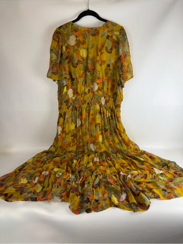 Anthropologie Yellow Fruit Print Smocked Waist Tiered Dress, Size XL - Image 10