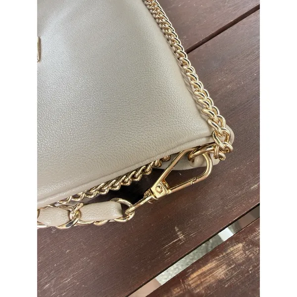 Beige Crossbody Shoulder Bag Gold Chain Strap Flap Clasp Faux Leather - Image 7