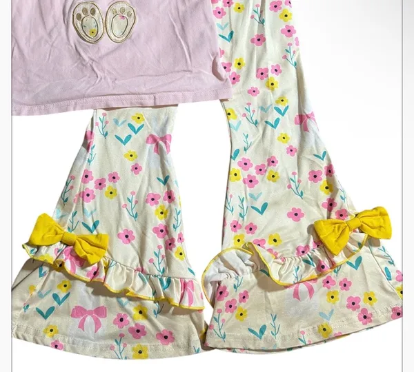 Marie Nicole Clothing Pink and Yellow Embroidered Floral Bunny Ruffle Top and Be - Image 4