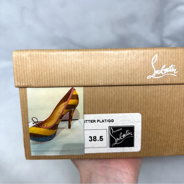 Christian Louboutin Foraine 140 Bow Striped Leather Glitter Platform Pumps Heels - Image 15