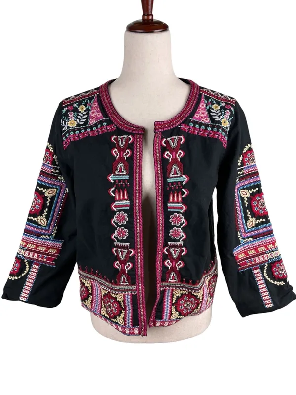 Anthropologie Abstract Embroidered Jacket Size Small Black Multicolor Boho Artsy - Image 3