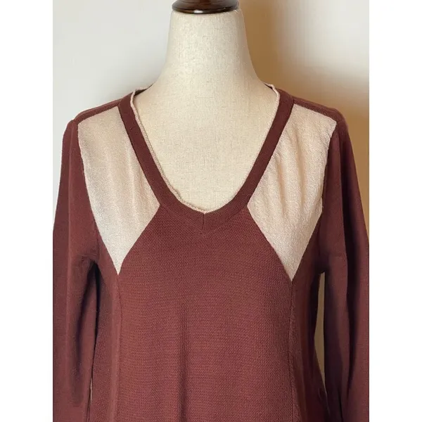 Barneys New York O’2nd Brown And Ivory V Neck Pullover Lightweight Sweater S‎ - Image 3