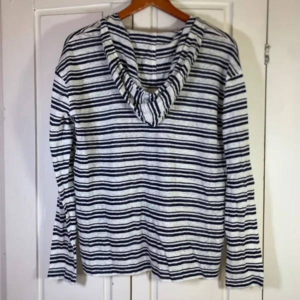 Tahari Womens Small 100% Linen Striped Hoodie Navy White Tassel V-Neck Top - Image 10
