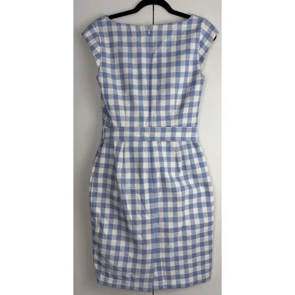 Ann Taylor Blue White‎ Gingham Sheath Dress Belted Square Neck Size 2 - Image 2
