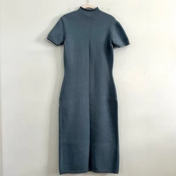 Ralph‎ Lauren Purple Label Knit Blue Mock Neck Sweater Midi Dress - Image 2