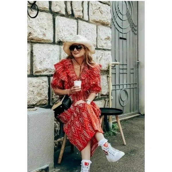 Zara Red Dress with Eyelet Embroidery Midi Length Size Small‎ - Image 17