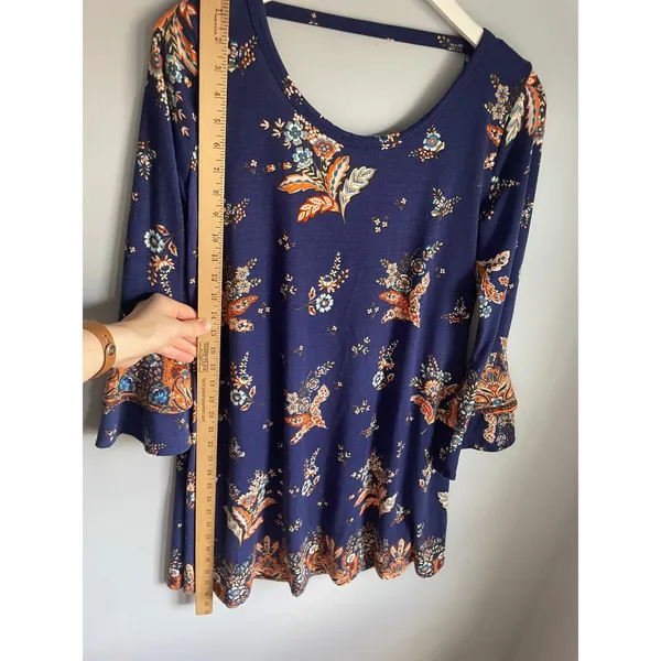 Angie Navy Blue Floral Bell Sleeve Tunic Dress Small Boho Ruffle Scoop Back - Image 4