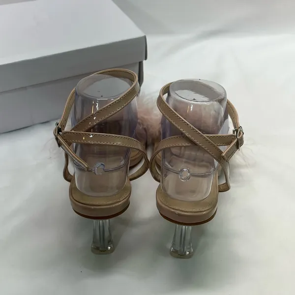 Pink Feathered Heels Women 7.5-8 39 Pink/Beige Strappy‎ Transparent Heel Elegant - Image 3