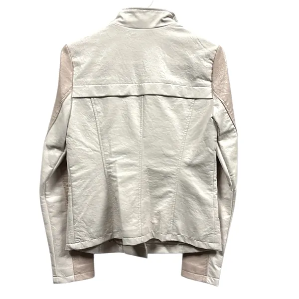 Guess Pink White Faux Leather Moto Jacket Gold Exposed Zipper Womens Small - Image 11