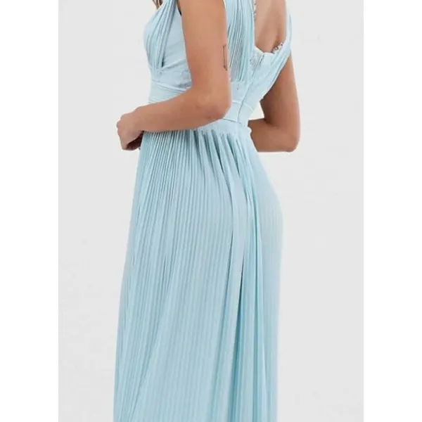 ASOS Light Blue Pleated‎ Lace Trim Maxi Dress Sleeveless V-Neck Wedding Guest 4 - Image 2