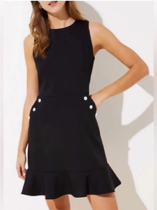 Ann Taylor LOFT Navy Blue Flounce Dress w/Faux Pearl Buttons Sz 0 Balletcore - Image 9