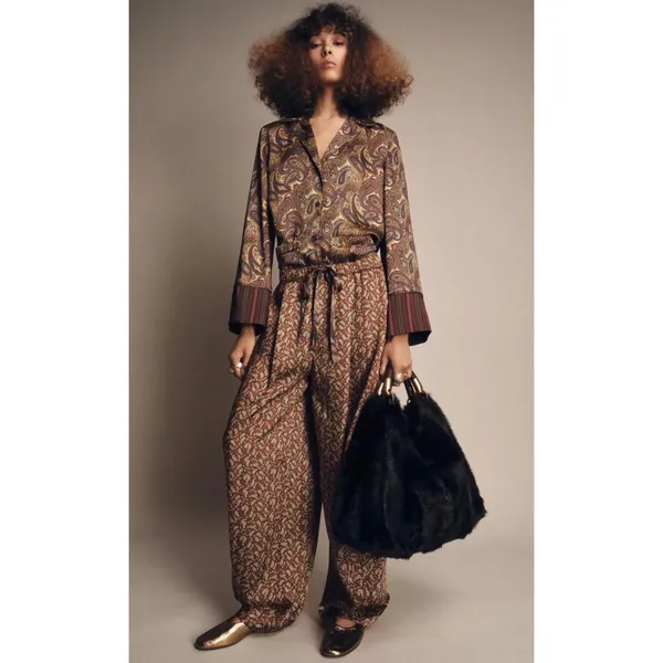 Zara Paisley Print Wide Leg Pants Burgundy Gold Boho Drawstring‎ Large - Image 2