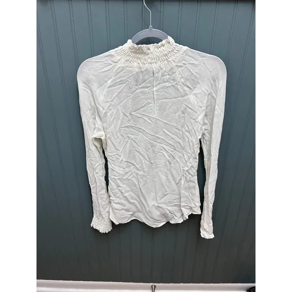 Reformation Ivory Smocked Mock Neck Long Sleeve Viscose Top Small‎ White Crepe - Image 4