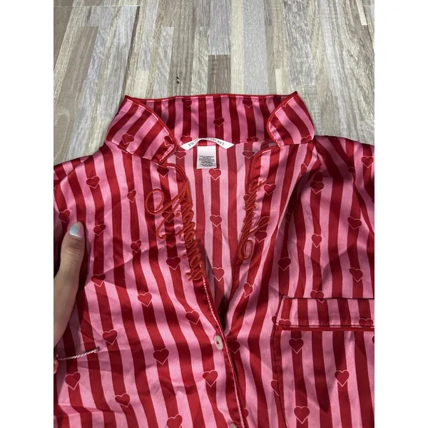 Victoria's Secret Pajama Set Womens XS Pink Heart Stripe Satin Shorts - Image 3
