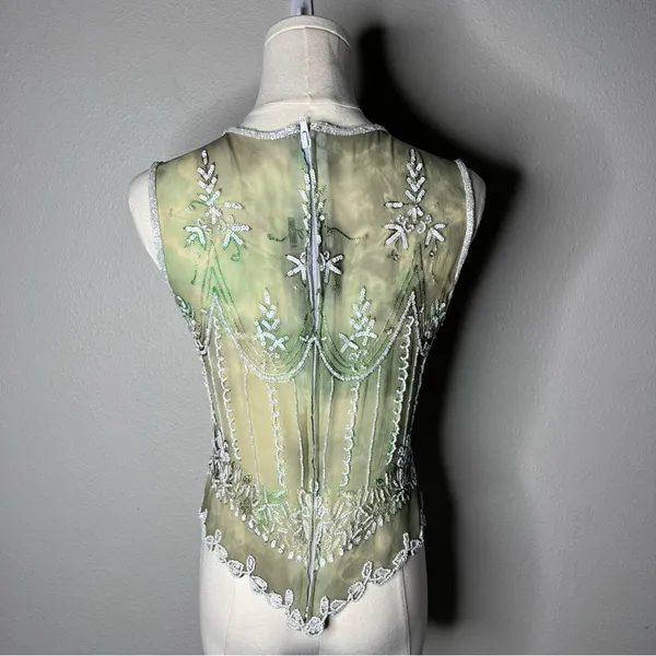 Vintage Green Silk Heavy Beaded Sleeveless Top Boho Fairycore Chic Forest Nymph - Image 3