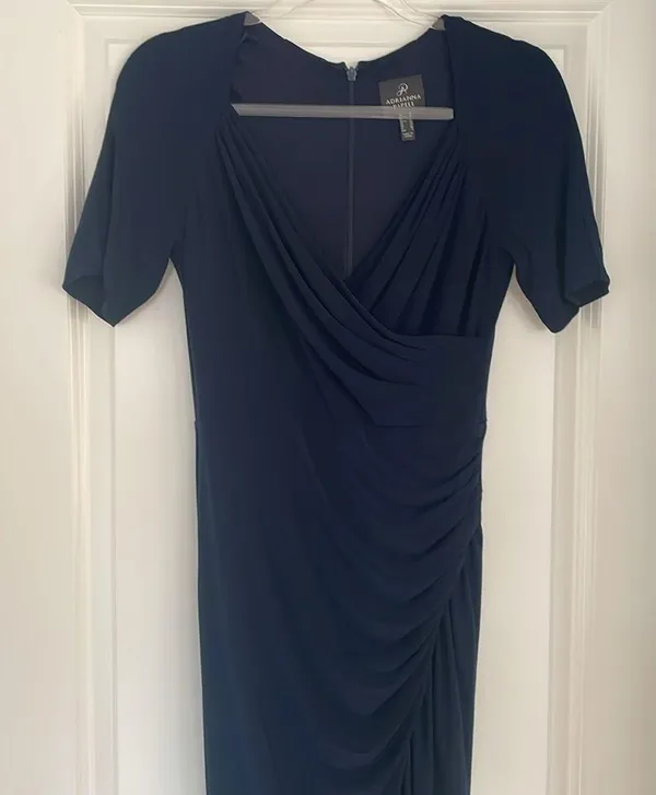 Adrianna Papell Navy Blue V Neck Short Sleeve Stretch Gown Size 4 Formal - Image 6