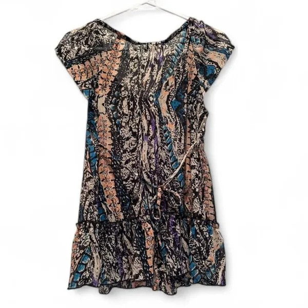 Fire LA Brown Black Blue Animal Print Ruffle Tie‎ Blouse Medium Y2K Festival - Image 2