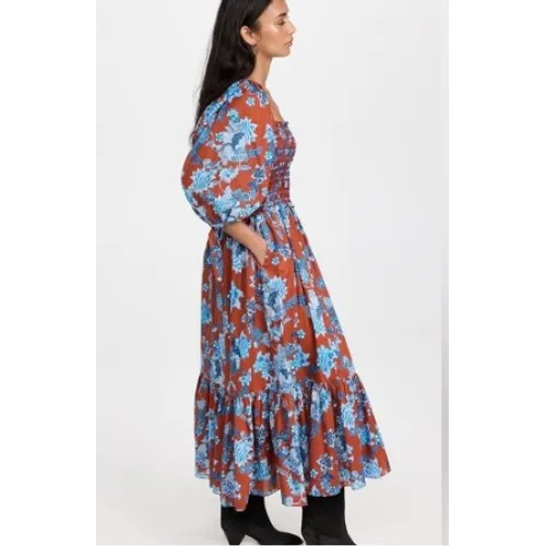 Cara Cara Jazzy Floral Smocked Maxi Dress Puff Sleeve Orange Blue Size Medium - Image 16