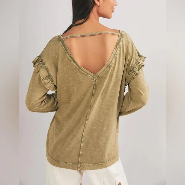 PILCRO BY ANTHROPOLOGIE Ruffle Open Back Long Sleeve Tee - Moss - Image 3