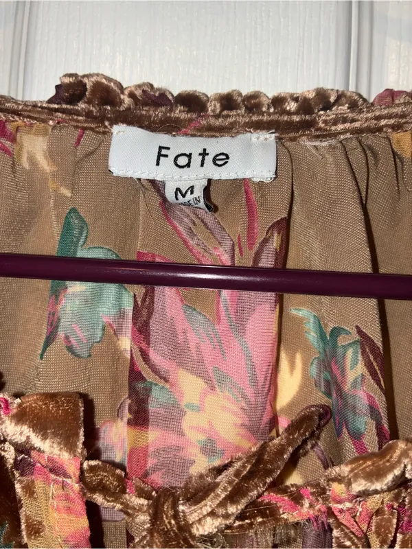 Fate Brown Velvet Floral boho sheer Tie-Neck Peasant Blouse - Image 3