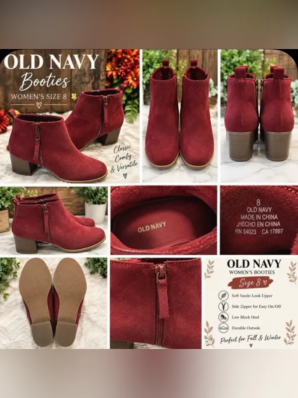 Old Navy Burgundy Cranberry Ankle Booties Size 8 Side Zip Block Heel - Image 5