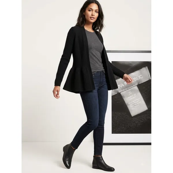 Banana Republic Black‎ Peplum Open Front Textured Knit Cardigan Sweater Small - Image 2