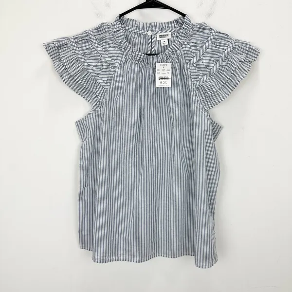 J.Crew Striped Flutter Sleeve Top Blouse Cotton White Blue Preppy Medium NWT - Image 3