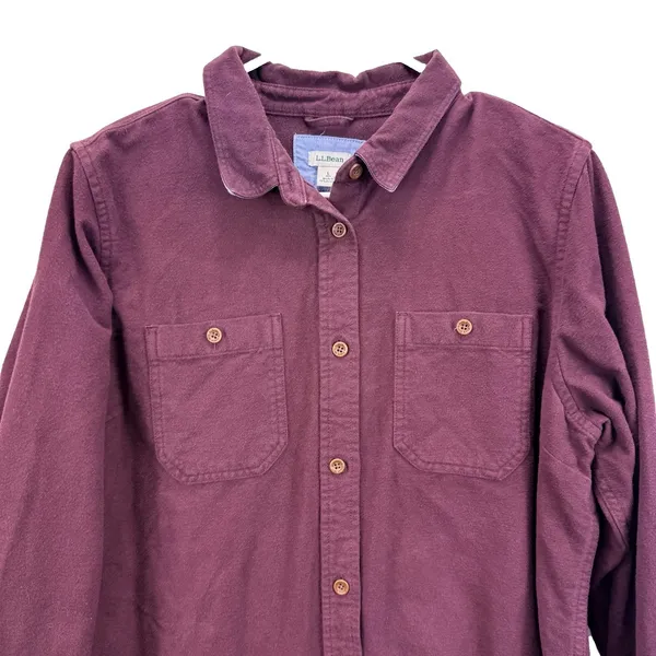LL Bean Burgundy Cotton Flannel Chamois Button Shirt Pockets Casual LARGE - Image 5