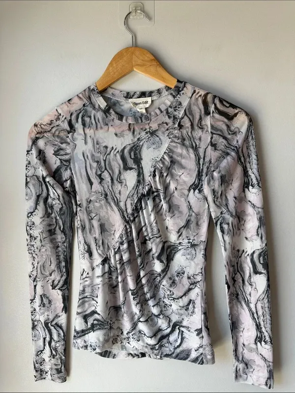 Open Edit Sheer Marble Print Long Sleeve Top - Image 2