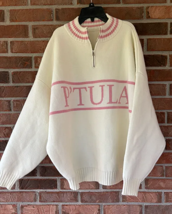 P'tula apres Cream & Pink Half-Zip Logo Knit Ski Sweater - Image 2