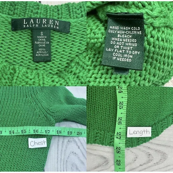 Lauren Ralph Lauren Sweater Women Small Kelly Green Crew Neck Cable Knit - Image 3