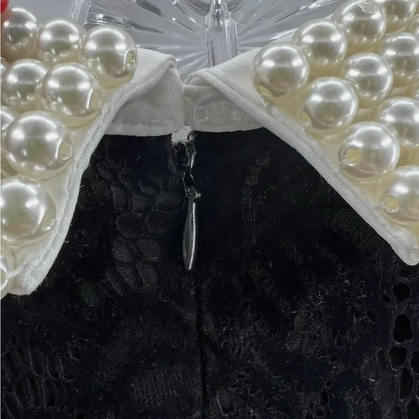 BETSEY JOHNSON Pearl Collar Elegant Black Lace Dress with White Pearl Collar - Image 8