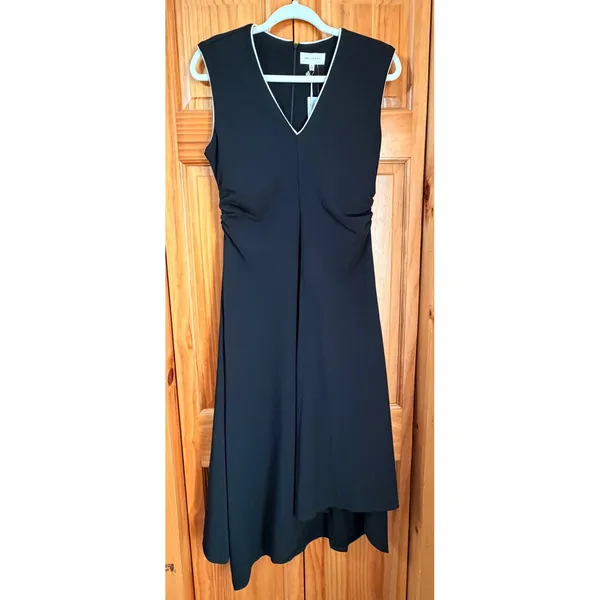 Melloday NWT Black Ruched Asymmetric Midi Dress Contrast Trim VNeck Sleeveless S - Image 2