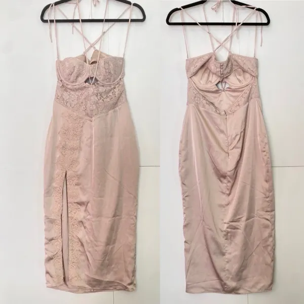 HOUSE OF CB 'Georgia' Crystal Satin and Lace Midi Dress cutout Size‎ M NWOT - Image 5