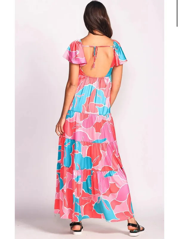 Pink Martini Coral, Pink & Teal Floral Tiered Maxi Dress medium‎ nwt - Image 2