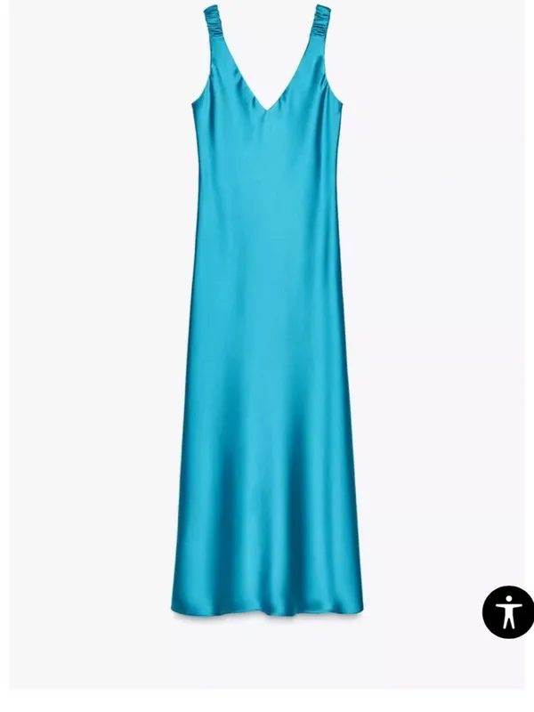 Zara Womens Midi Dress in Turquoise Satin - Image 4