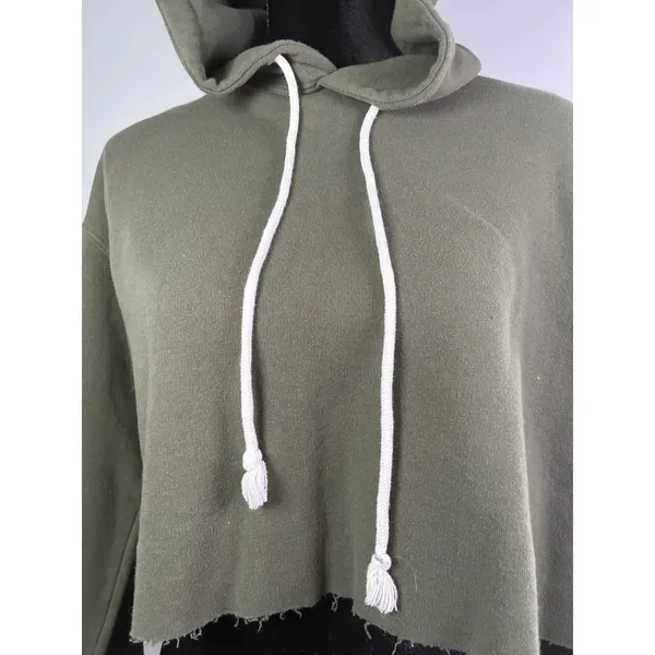Wild Fable Womens Olive Green Cropped‎ Hoodie Raw Hem Pullover Sweatshirt Small - Image 5