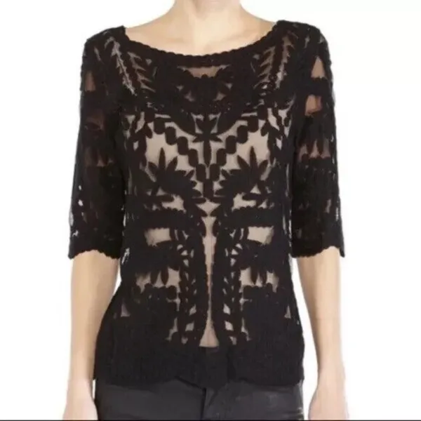 Laundry by Shelli Segal Blouse‎ Large Black Lace Brocade Over Mesh Scalloped Hem - Image 3