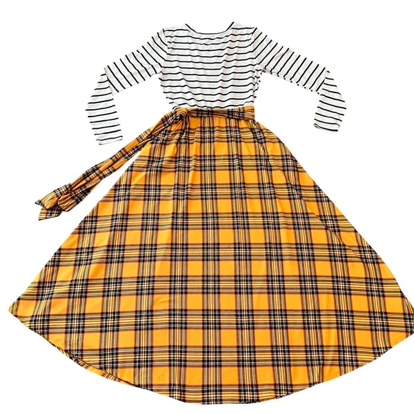 Reborn J Women Mixed Print Maxi Dress Striped Plaid mustard yellow Small USA - Image 3