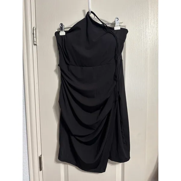 Klassy Network Black Halter Tie Brami Ruched Mini Dress Bodycon Asymmetric LBD - Image 3