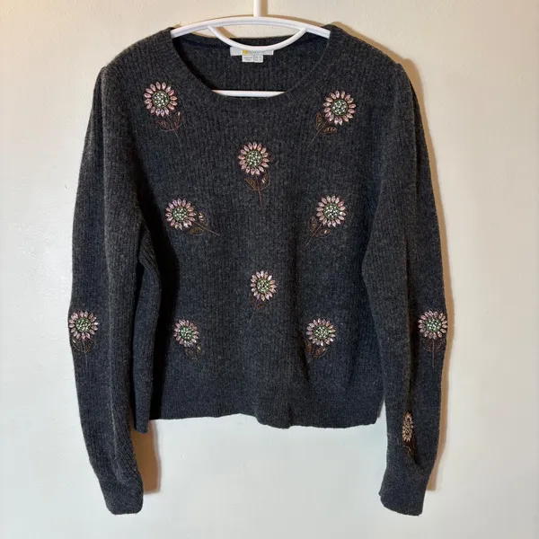 Boden‎ Elizabeth Wool Alpaca Blend Beaded Rhinestone Floral Sweater Size 12 - Image 2
