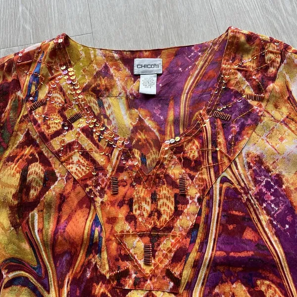 Chicos Blouse Womens Size 2 Large Multicolor Silk Sheer Beaded Tunic Top Boho - Image 15